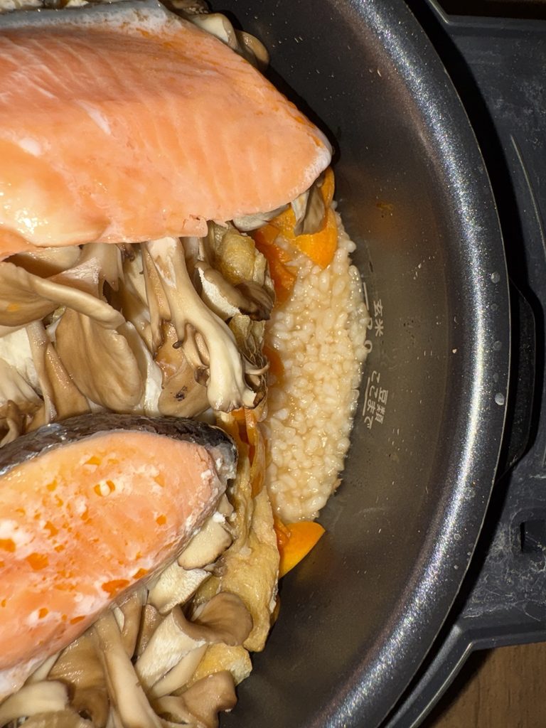 水分が多くやわらかく炊き上がった鮭の炊き込みご飯